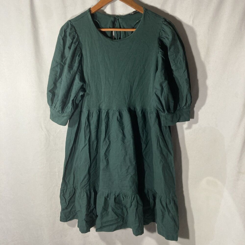 Zara green dress large round neck puff sleeves tiered cotton